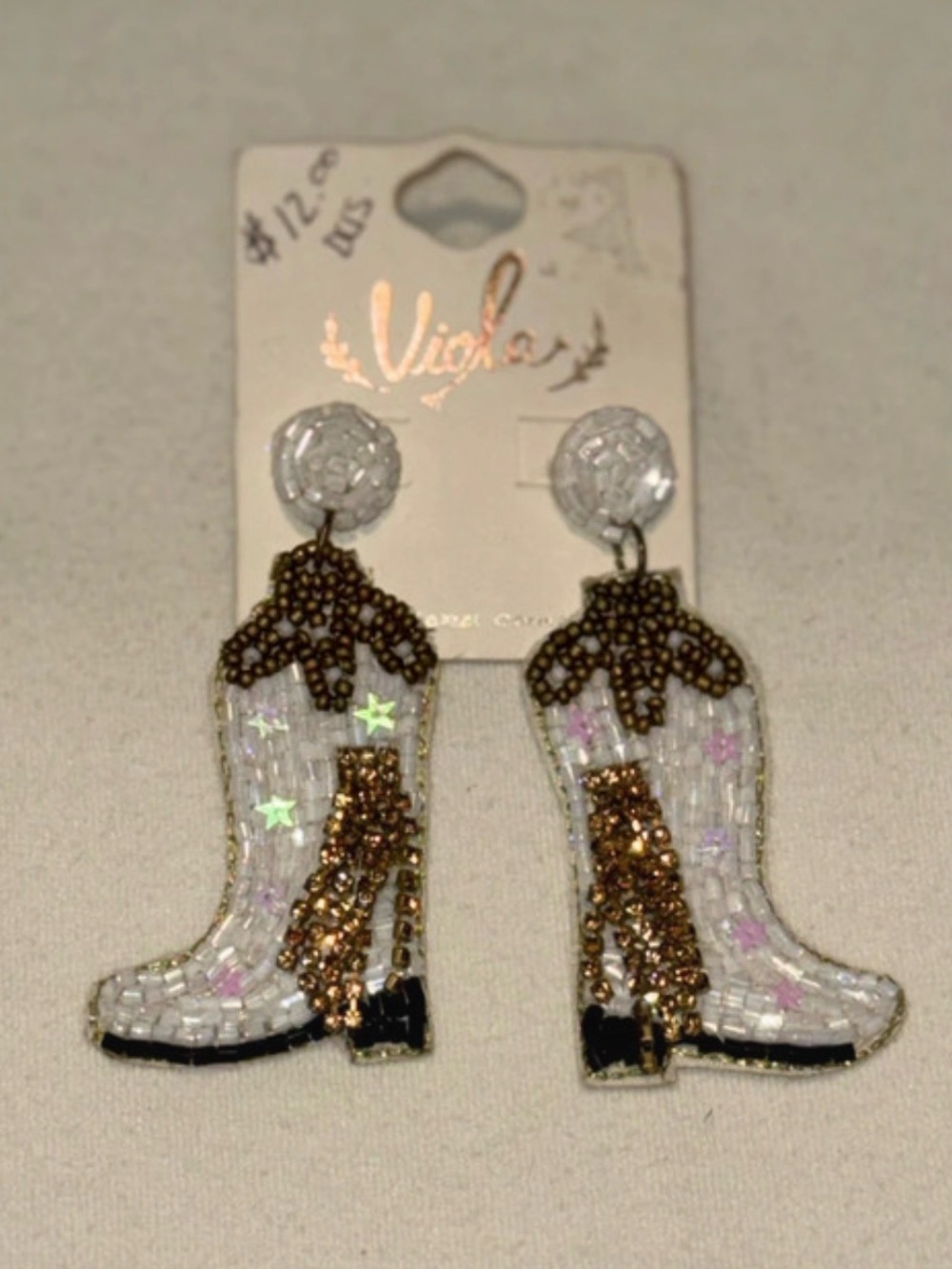 White Beaded Cowboy Boot Drop Earrings